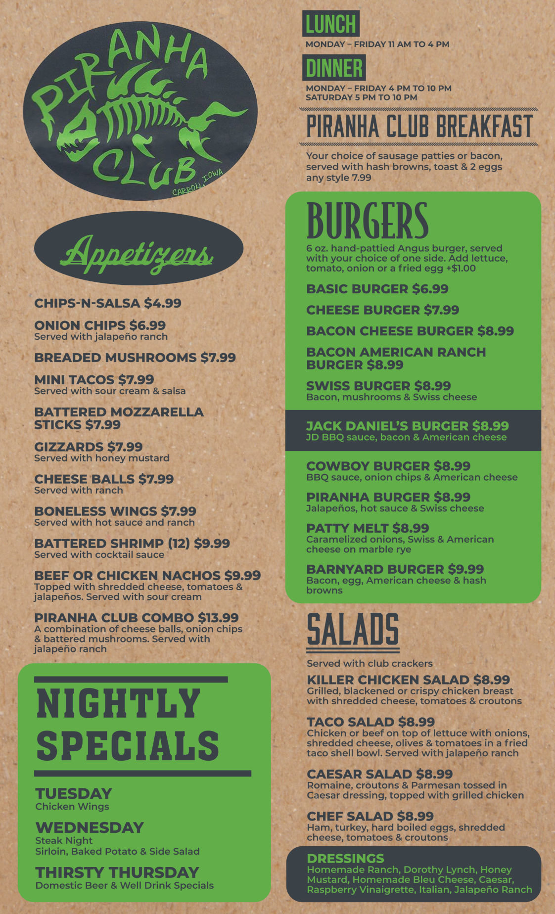Piranha Club menu 1